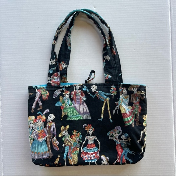 Black Tote Bag with Colorful Skeleton Design - Picture 2 of 10